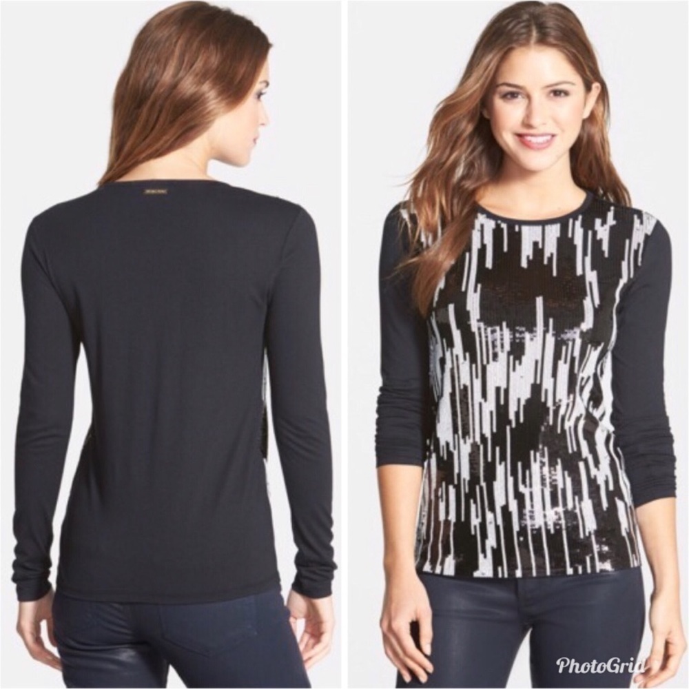 Michael Kors Ikat Sequin Long Sleeve Top Black LP